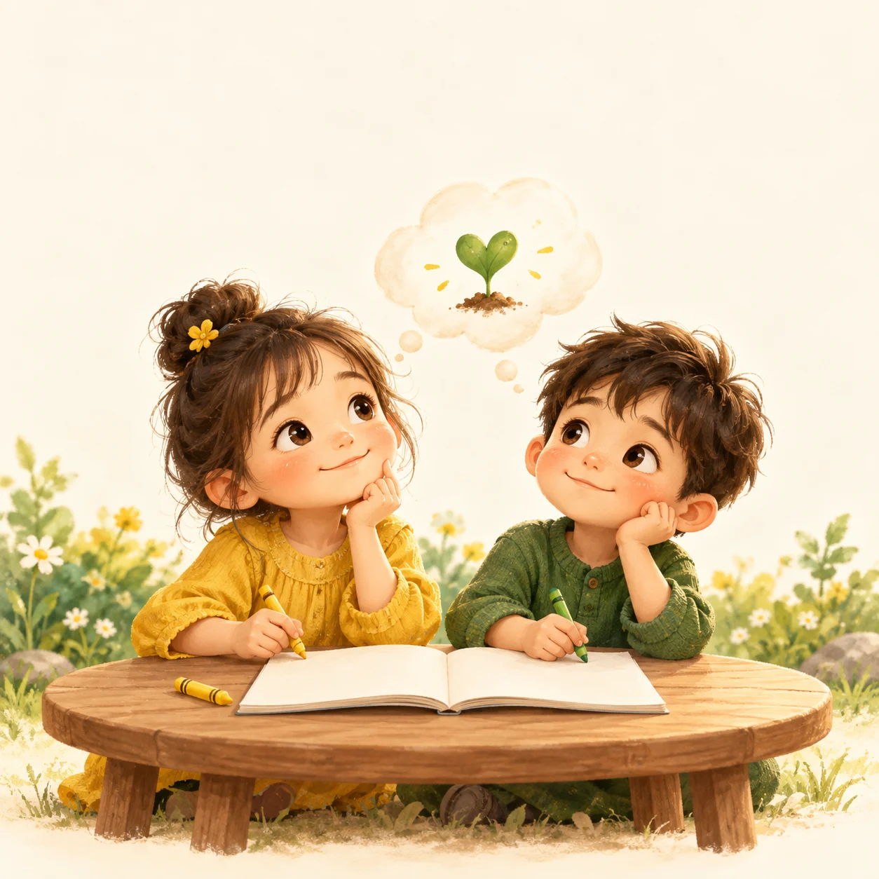 Two children thinking up a story, imagining a heart-shaped seedling.